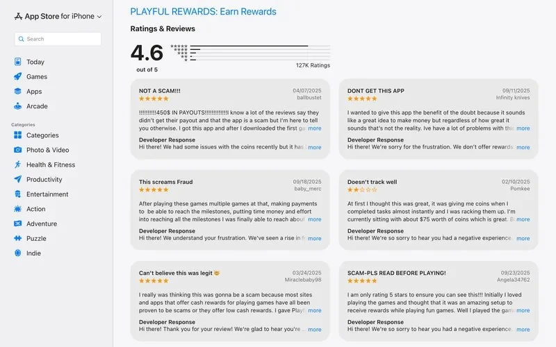 Playful Rewards US App Store reviews page with mixed payout and fraud reviews