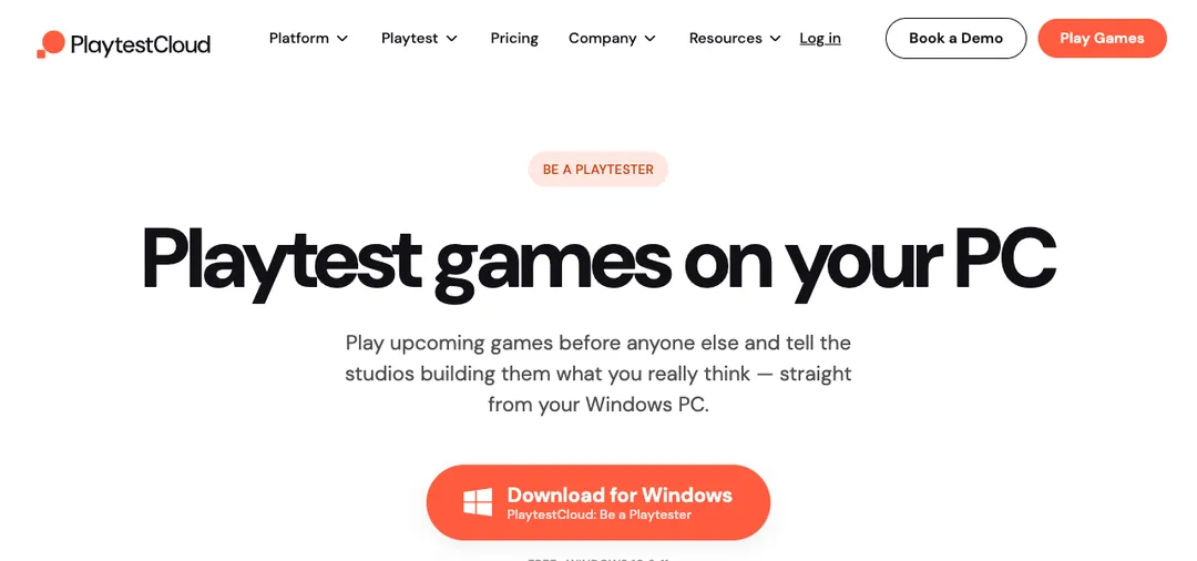 PlaytestCloud playtester page saying Playtest games on your PC