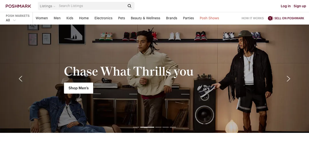 Poshmark homepage with fashion categories and a Sell on Poshmark link