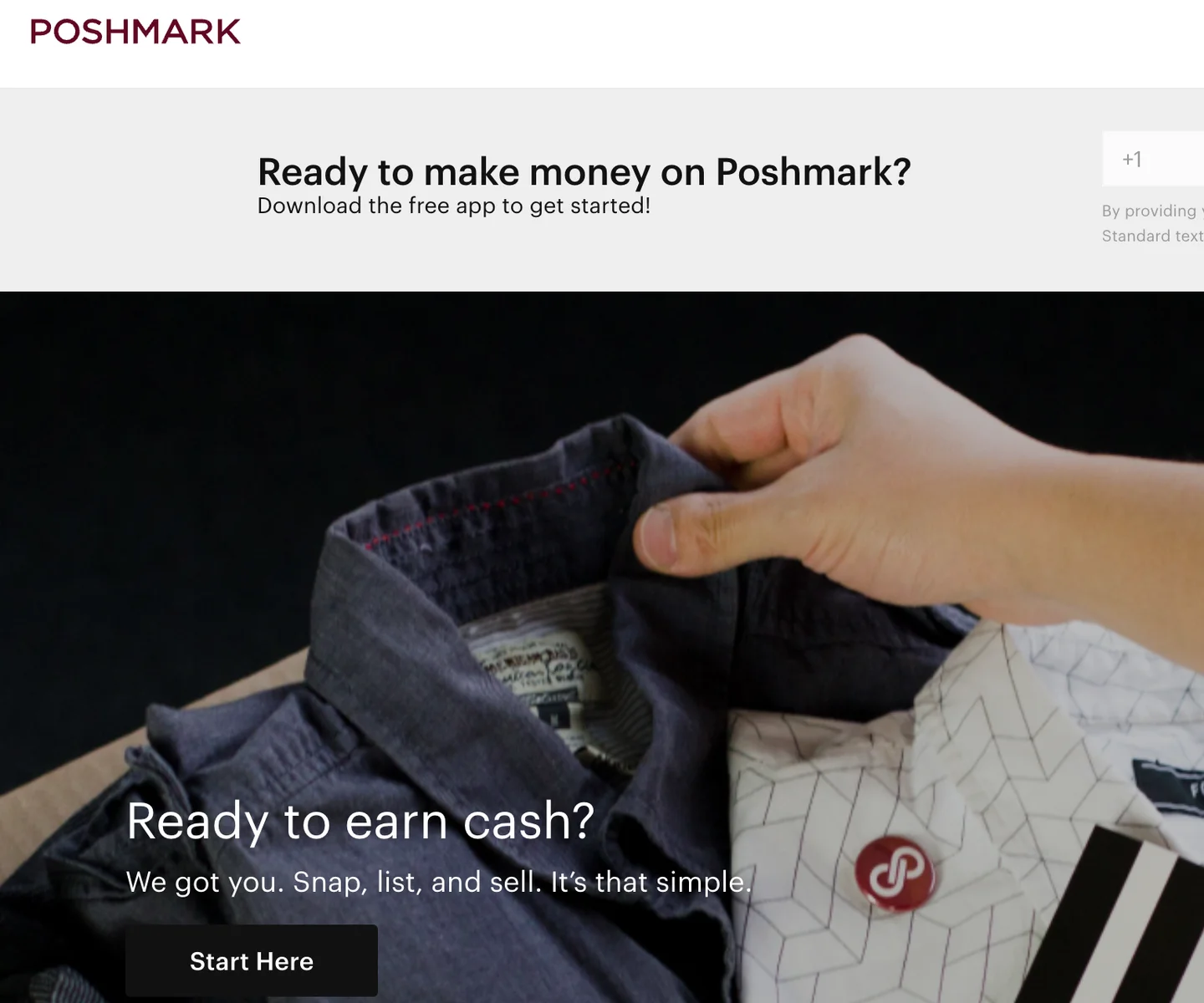 Poshmark's Sell on Poshmark page, which invites sellers to snap, list and sell from their closet