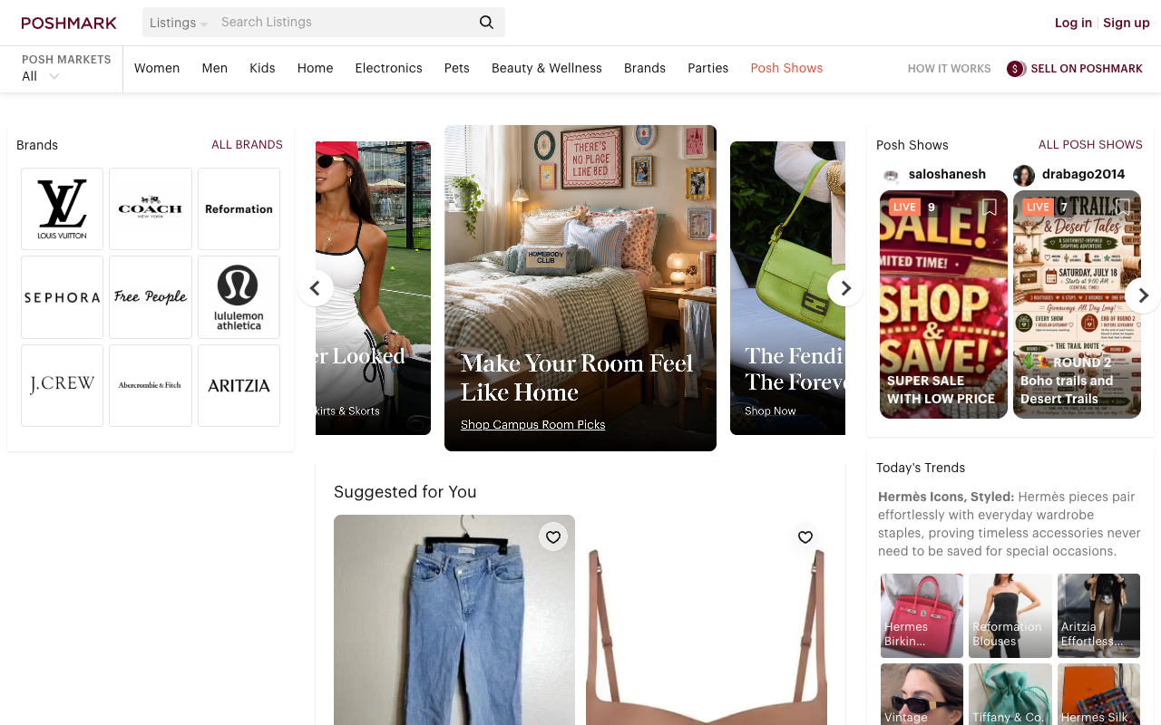 Poshmark homepage for reselling thrifted clothing finds