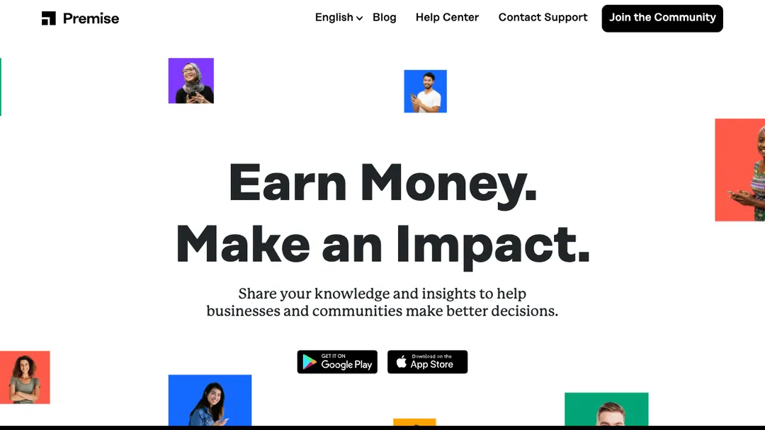 Premise contributors page saying Earn Money. Make an Impact., with app download buttons