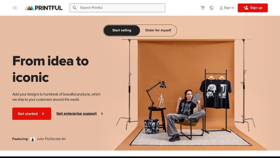 Printful homepage saying From idea to iconic, with a Get started button