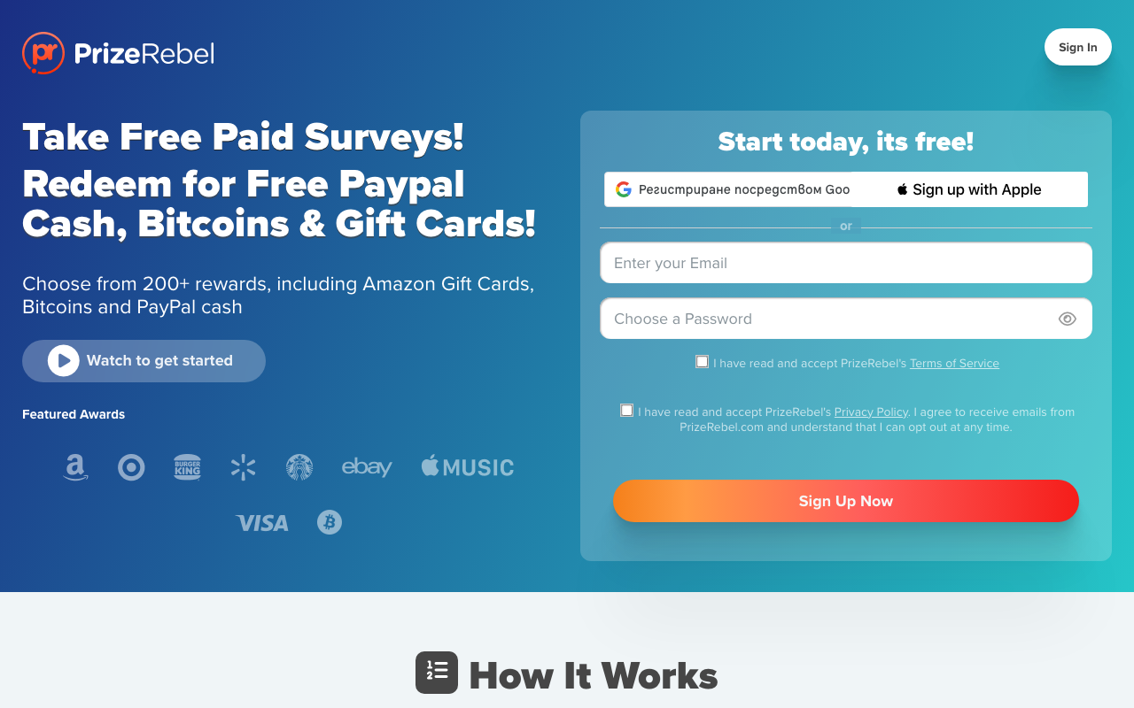 PrizeRebel homepage