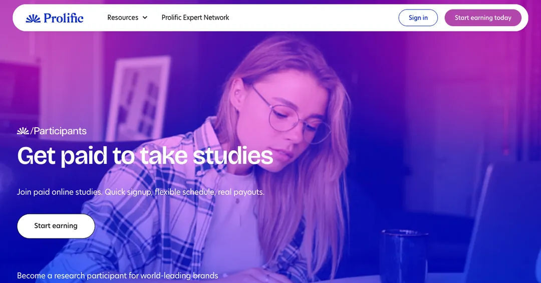 Prolific participants page saying Get paid to take studies, with a Start earning button