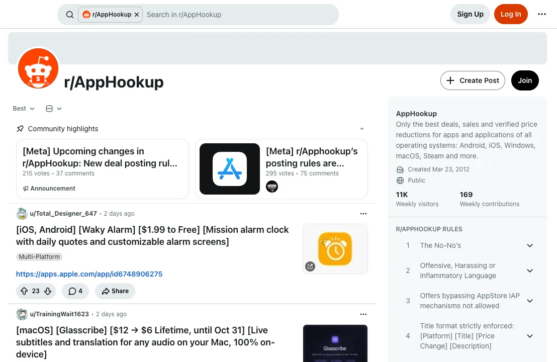 r/AppHookup subreddit with free and discounted apps