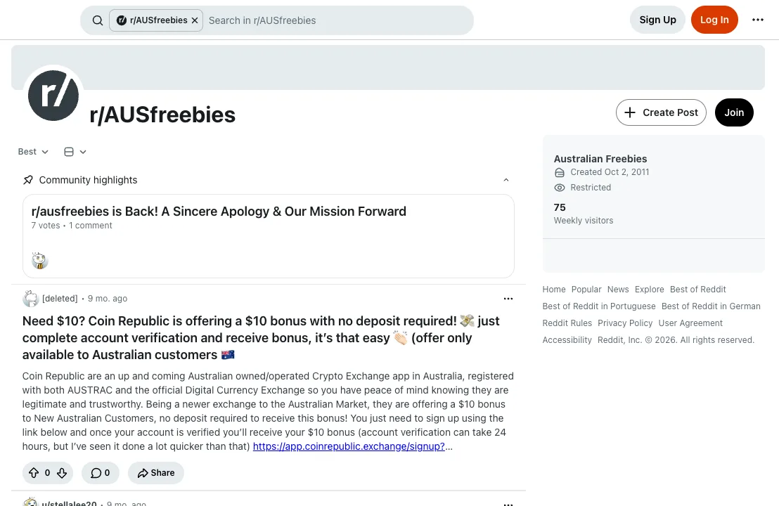r/AUSfreebies subreddit with Australian freebie posts