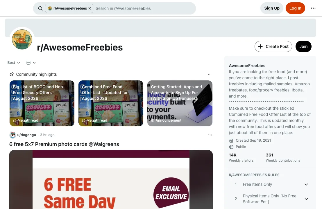r/AwesomeFreebies subreddit page with grocery freebie posts