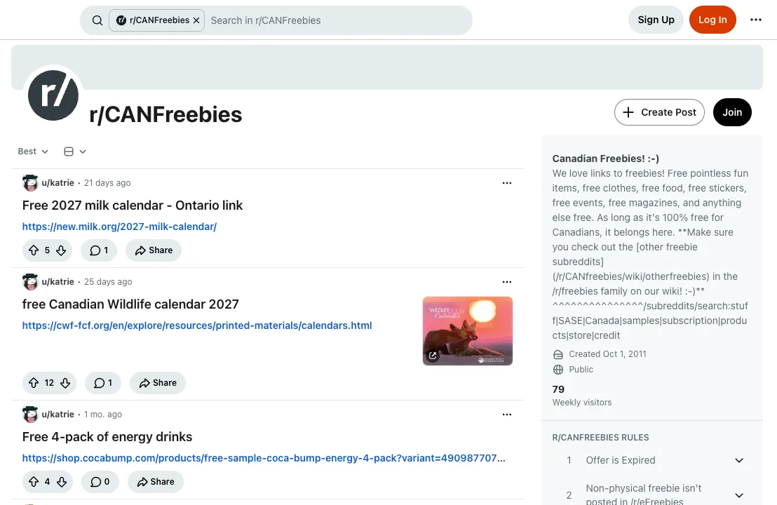 r/CANFreebies subreddit with Canadian freebie posts