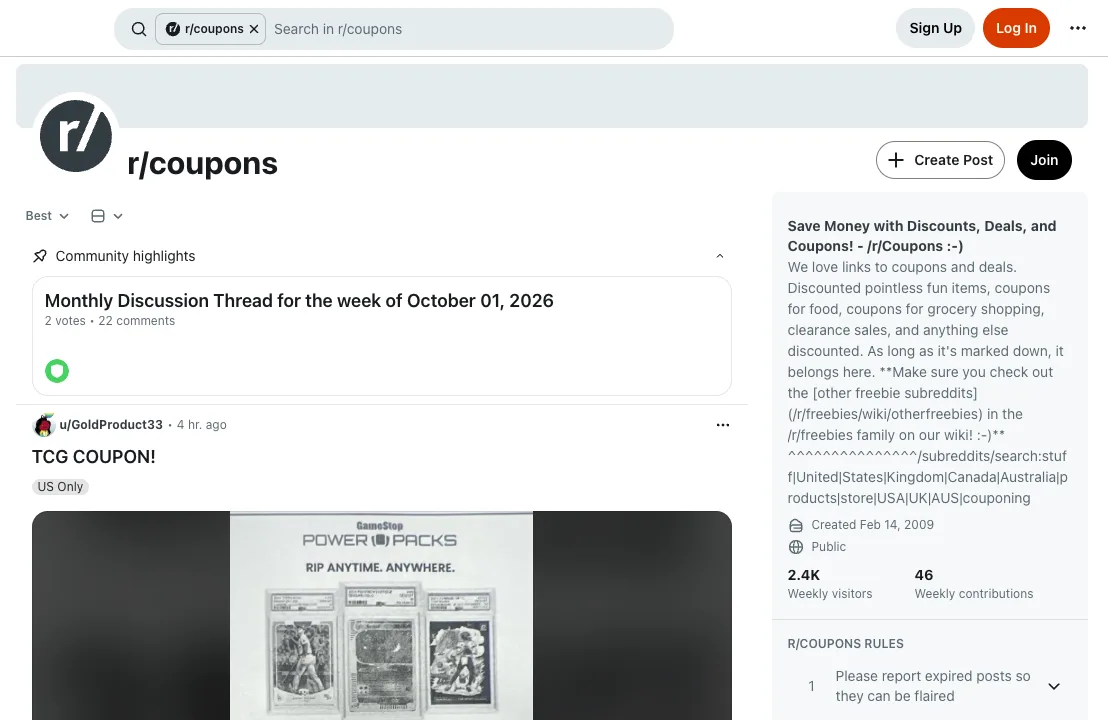 r/coupons subreddit with coupon posts