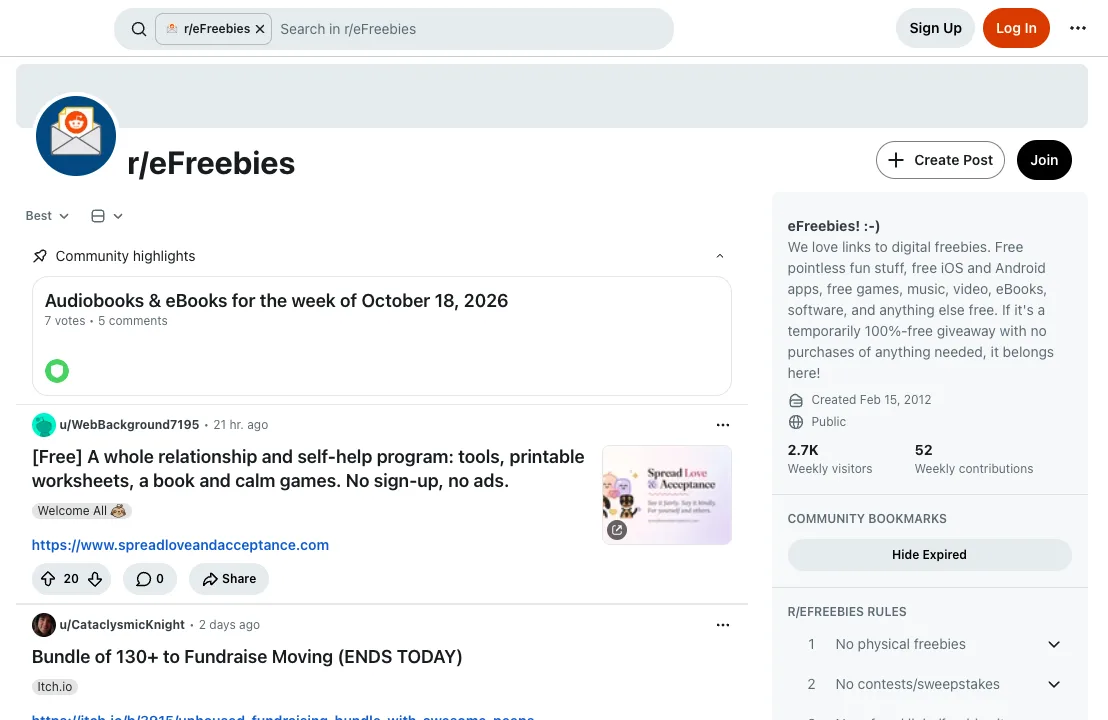 r/eFreebies subreddit with free ebook, app and game posts