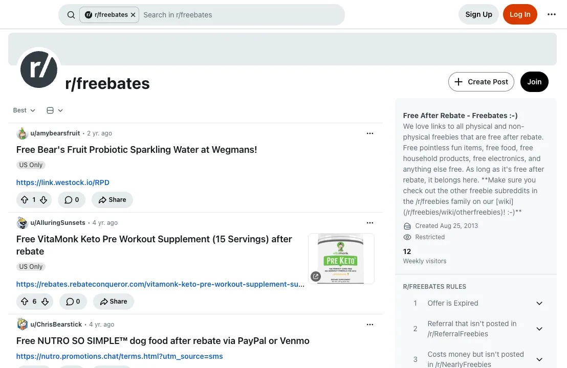 r/freebates subreddit with free-after-rebate offers