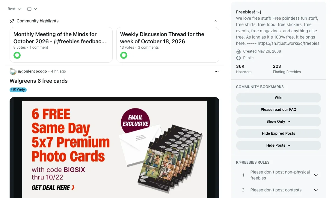 r/freebies feed with weekly threads, a freebie post and the Hide Expired Posts button