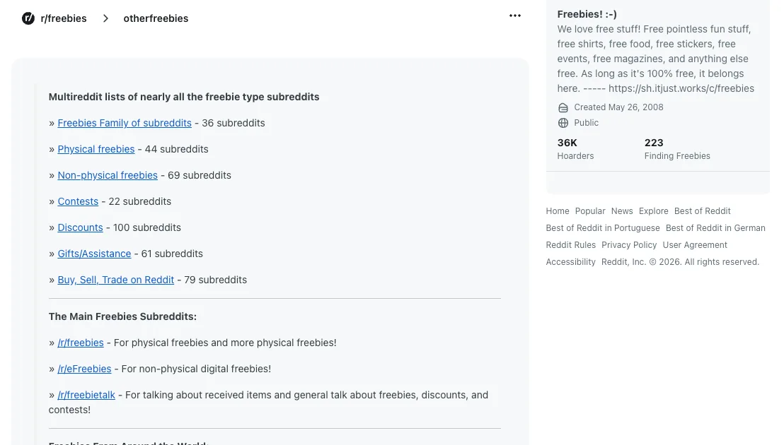 r/freebies wiki page listing other freebie subreddits