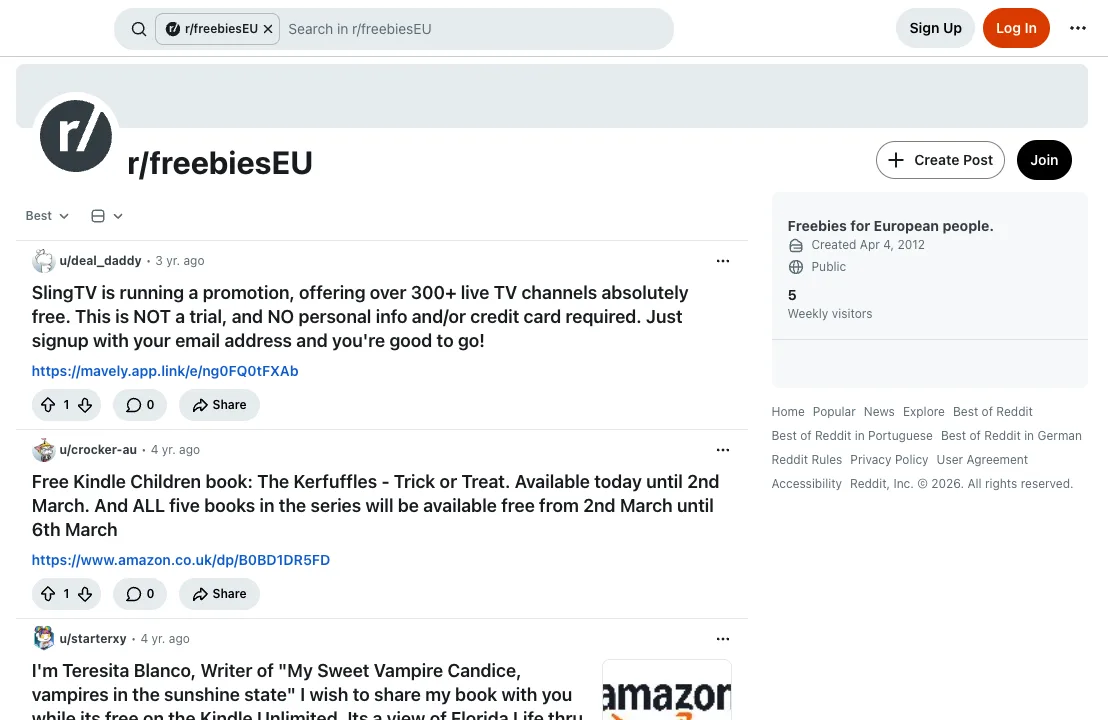 r/freebiesEU subreddit with European freebie posts