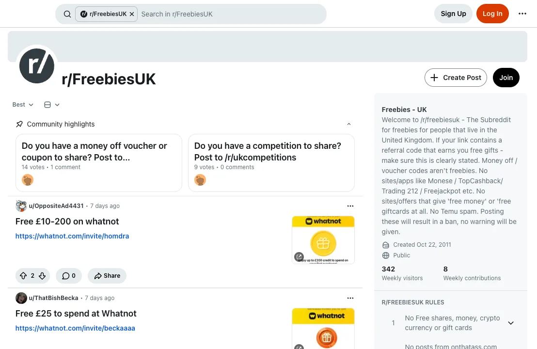 r/FreebiesUK subreddit with UK freebie posts