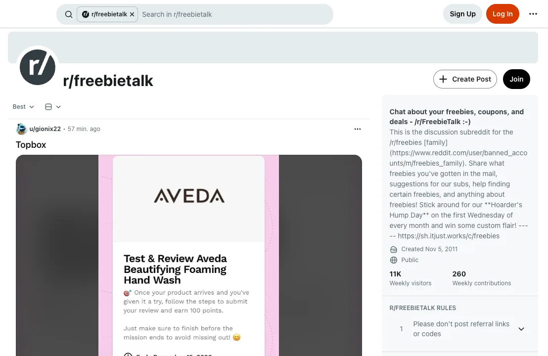 r/freebietalk subreddit with members' freebie posts