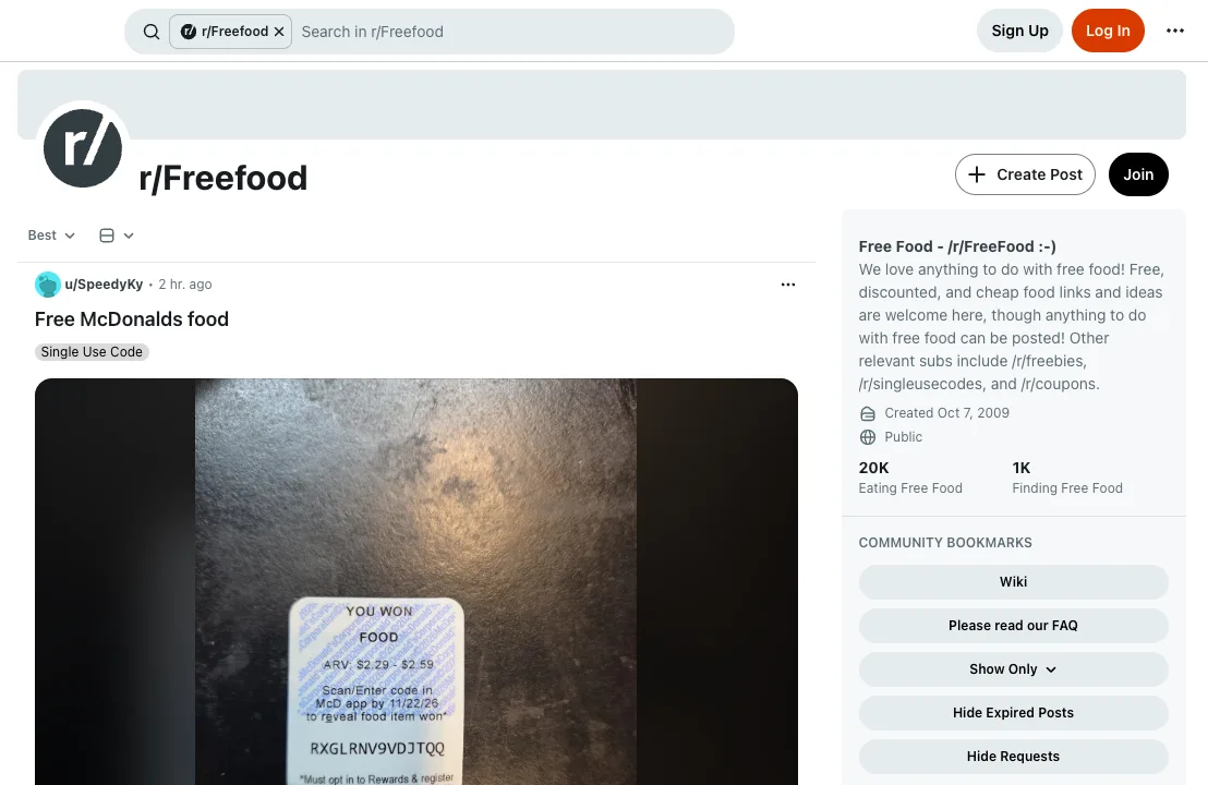 r/Freefood subreddit with free food posts