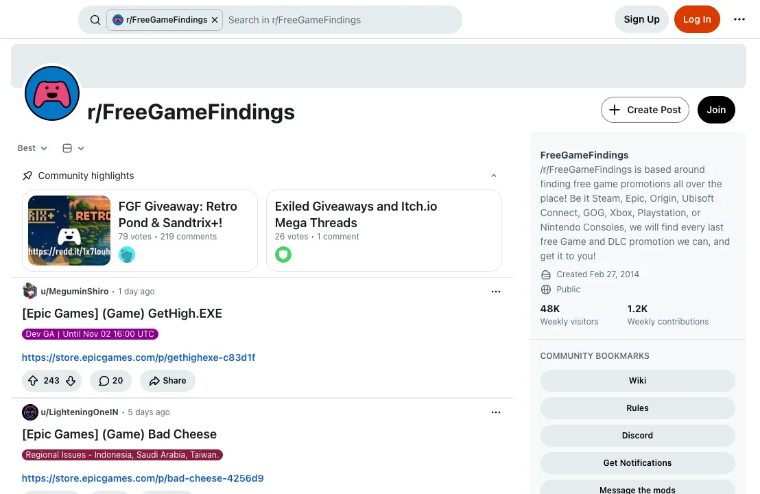 r/FreeGameFindings subreddit with free game giveaways