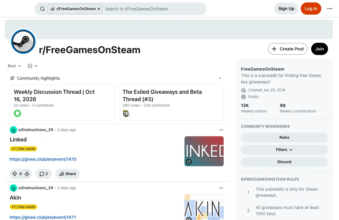 r/FreeGamesOnSteam subreddit with Steam game giveaways
