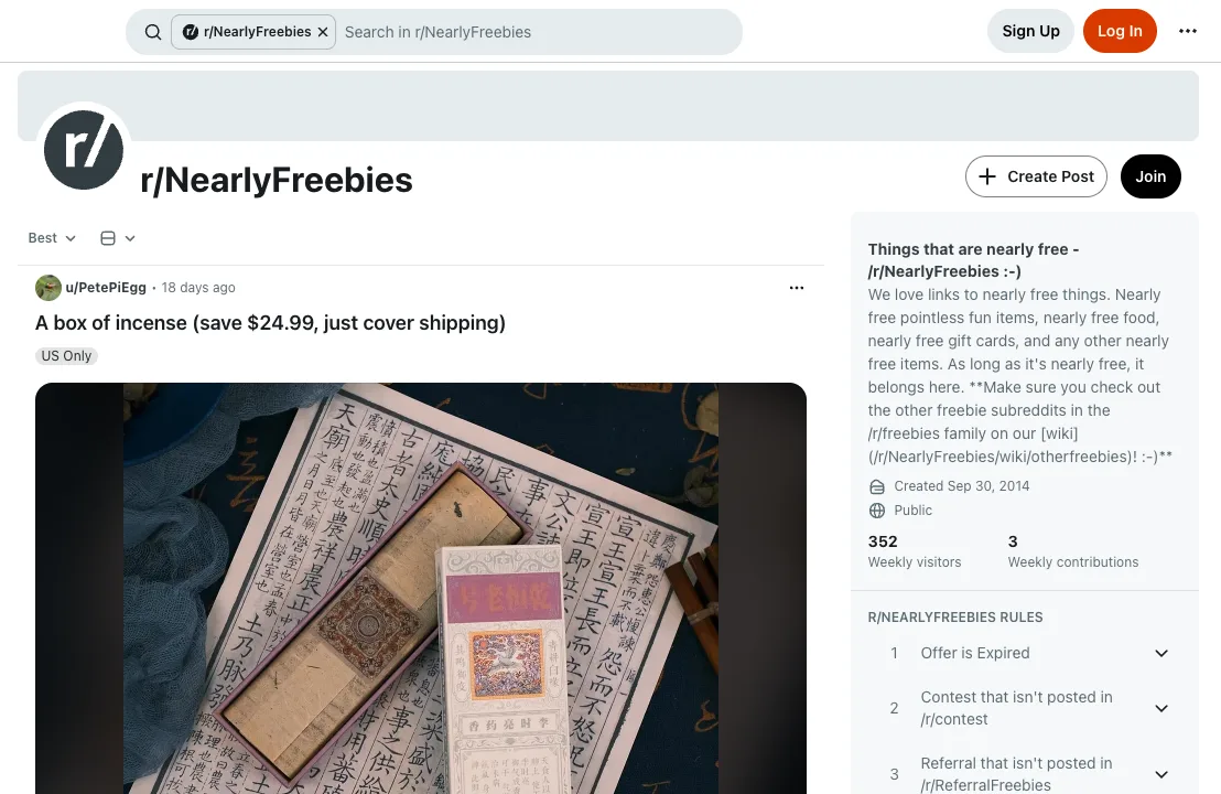 r/NearlyFreebies subreddit with low-cost offers