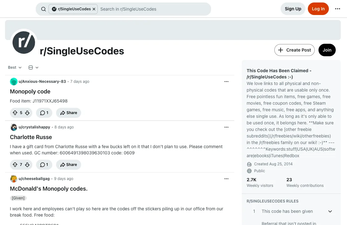 r/SingleUseCodes subreddit with one-time codes