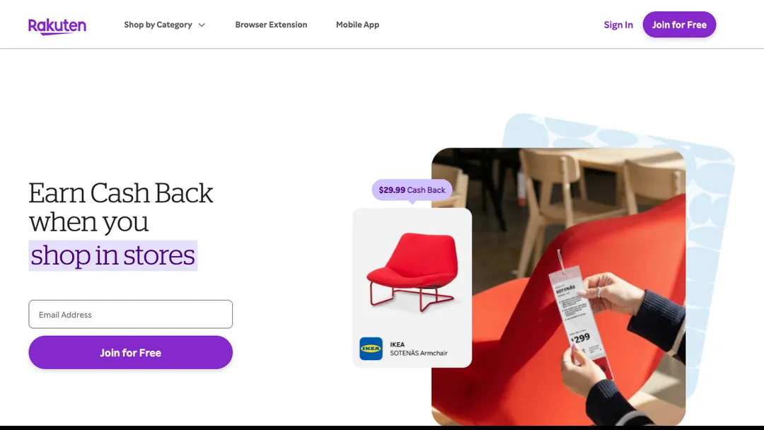 Rakuten homepage saying Earn Cash Back when you shop in stores, with a Join for Free button