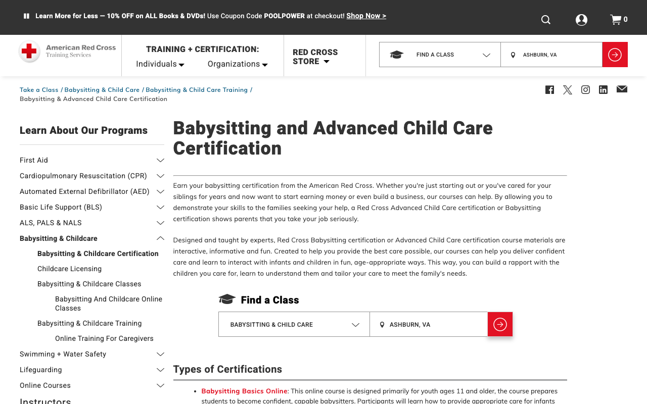 Red Cross babysitting and child care certification course page