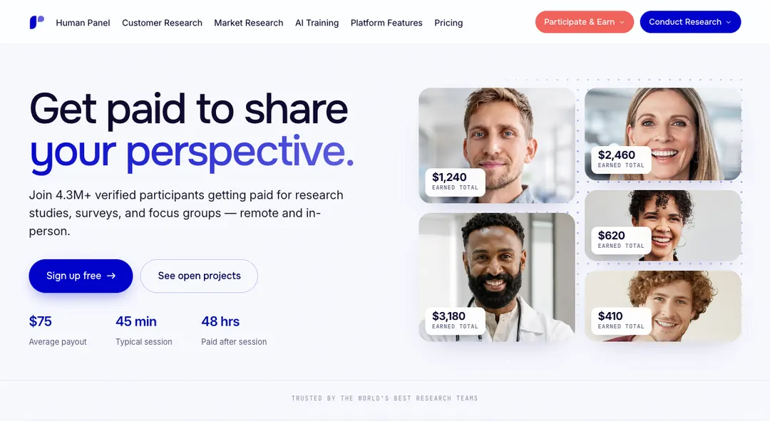 Respondent participant page saying Get paid to share your perspective, with sample earnings