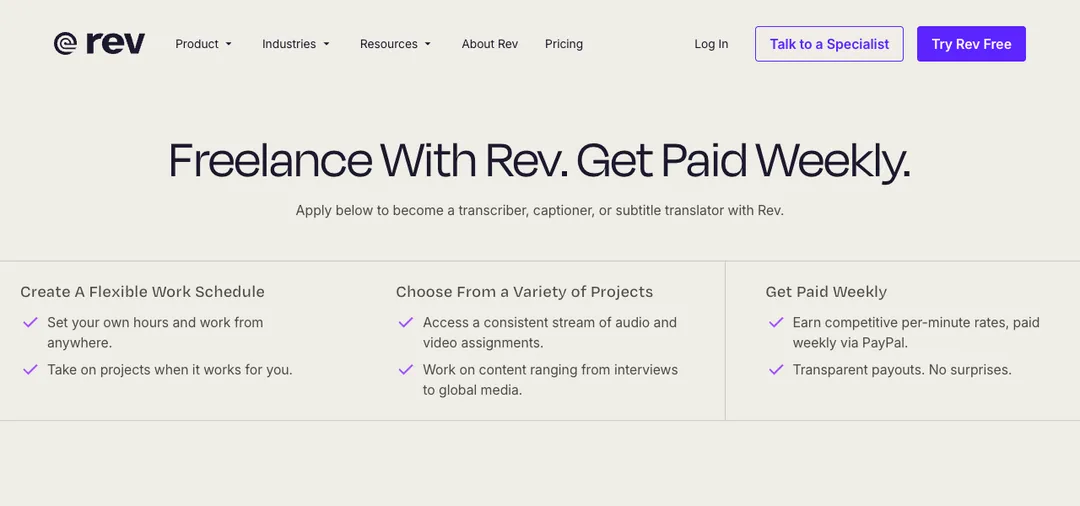 Rev freelancers page saying Freelance With Rev. Get Paid Weekly.