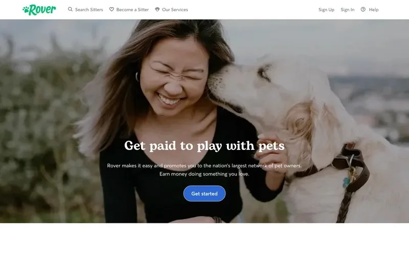 Rover Become a Sitter page with the headline Get paid to play with pets