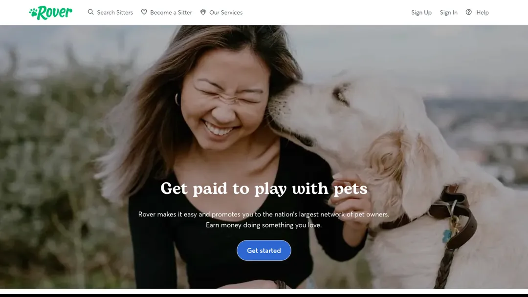 Rover Become a Sitter page saying Get paid to play with pets