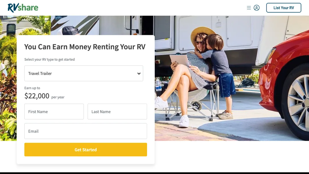 RVshare page saying You Can Earn Money Renting Your RV, with a sign-up form