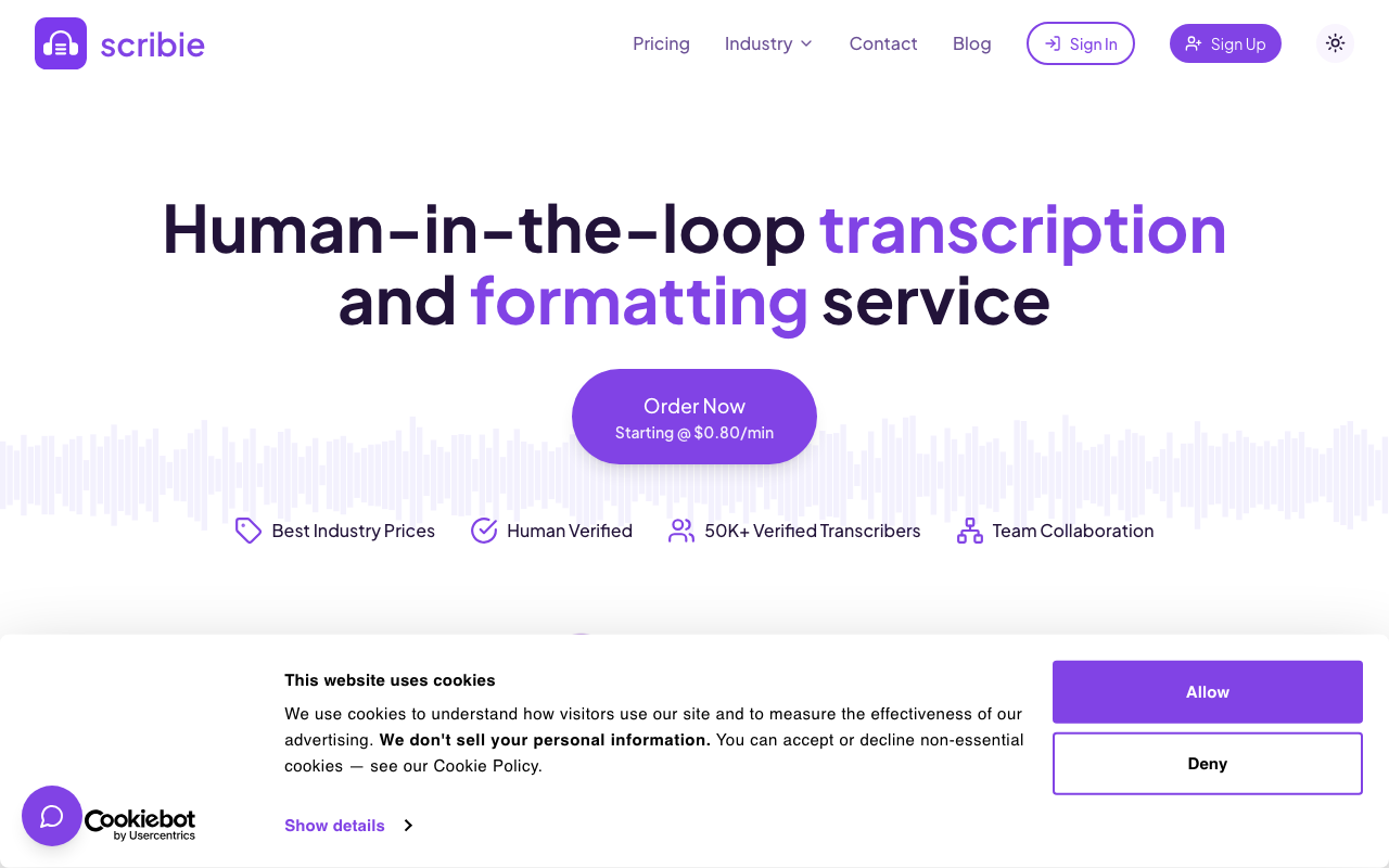 Scribie homepage screenshot