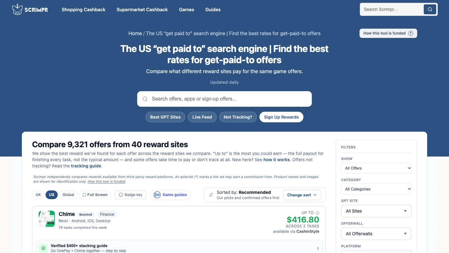 Scrimpr's US offer search engine comparing GPT site payouts for the same offer