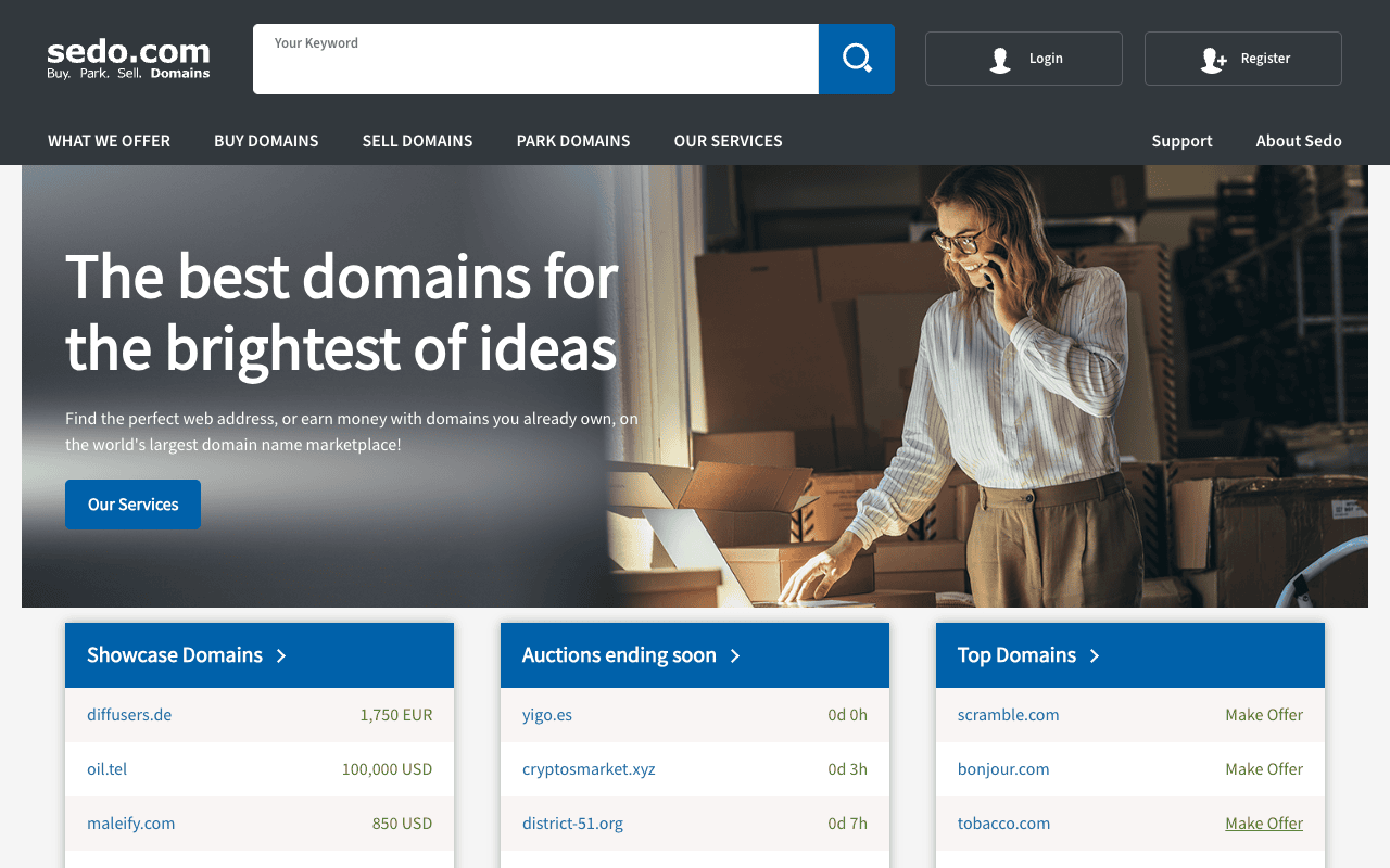 Sedo domain marketplace homepage listing showcase domains and auctions ending soon with prices