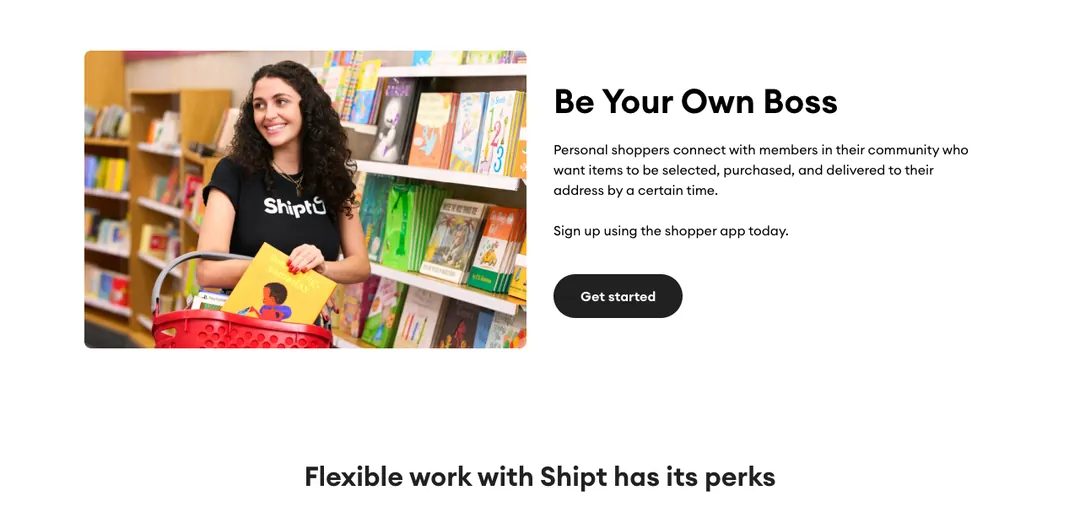 Shipt shopper page saying Be Your Own Boss, with a Get started button