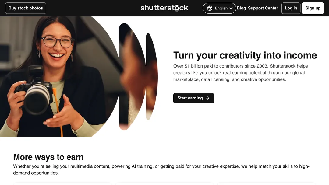 Shutterstock contributor page saying Turn your creativity into income, with over $1 billion paid to contributors