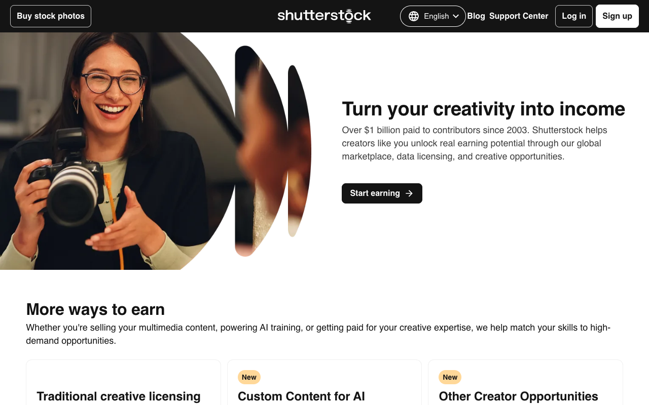 Shutterstock contributor page for selling stock photos