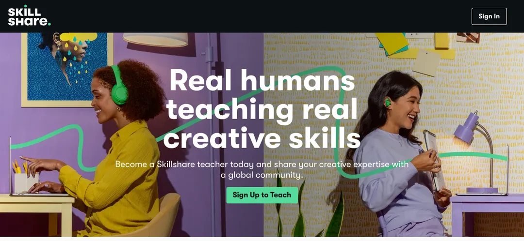 Skillshare teach page saying Real humans teaching real creative skills