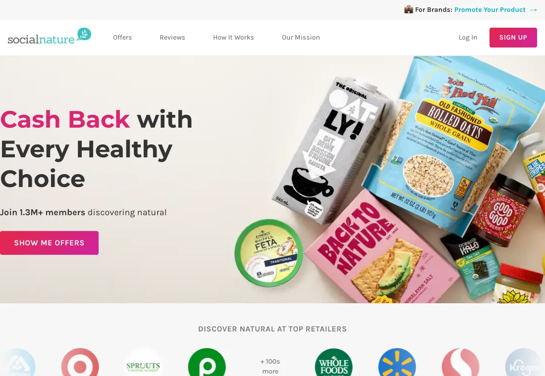 Social Nature homepage for cash back on natural products