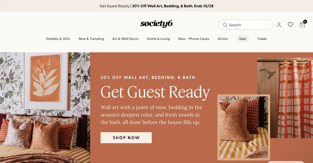 Society6 homepage with wall art and home decor