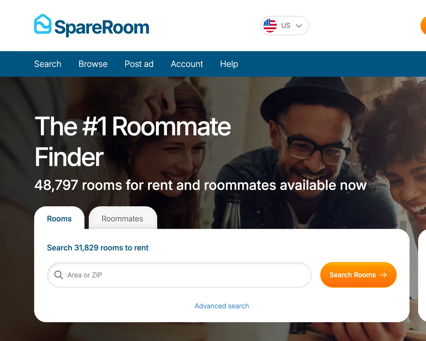 SpareRoom's US roommate finder with a search box for rooms for rent by area or ZIP code