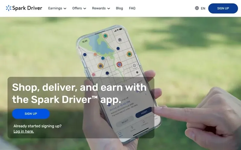Spark Driver official home page with the Shop, deliver, and earn sign-up button