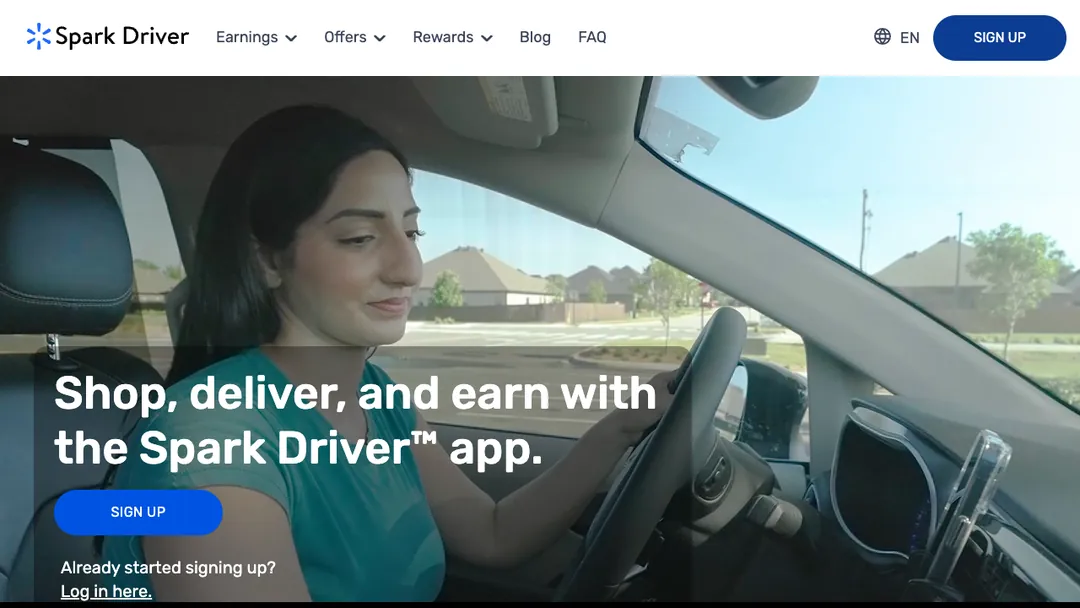 Spark Driver homepage saying Shop, deliver, and earn with the Spark Driver app