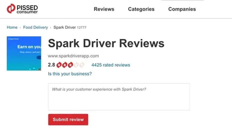 PissedConsumer Spark Driver reviews page showing the 2.8 out of 5 rating
