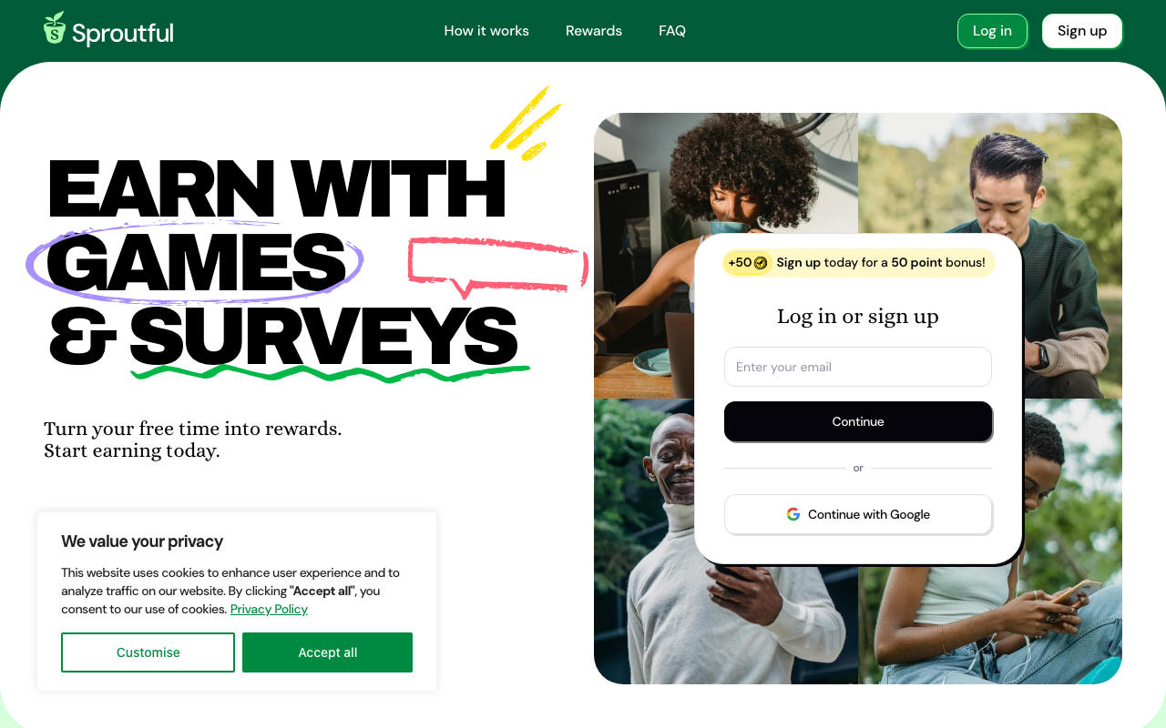 Sproutful homepage screenshot showing survey rewards and points balance