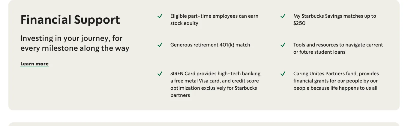Starbucks Financial Support benefits saying eligible part-time employees can earn stock equity, with a 401(k) match and savings match