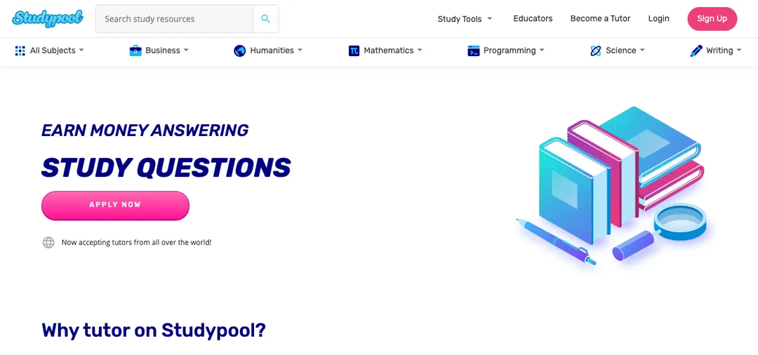 Studypool tutor page saying Earn money answering study questions