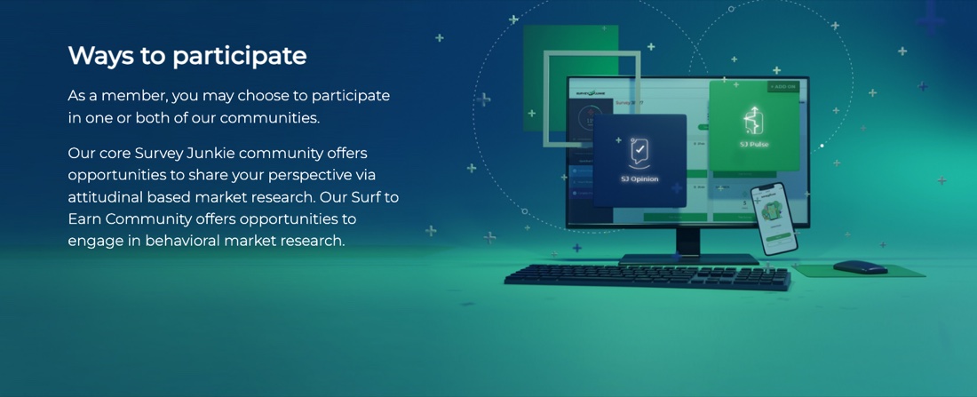 Ways to participate section of the Survey Junkie homepage showing the SJ Opinion and SJ Pulse programs on a desktop monitor